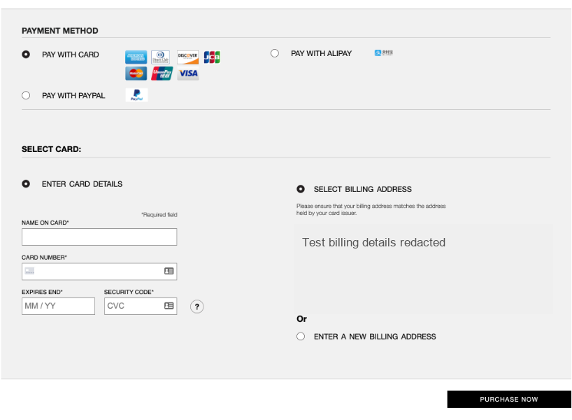 Payment-step crop with one Purchase Now action below the fields.