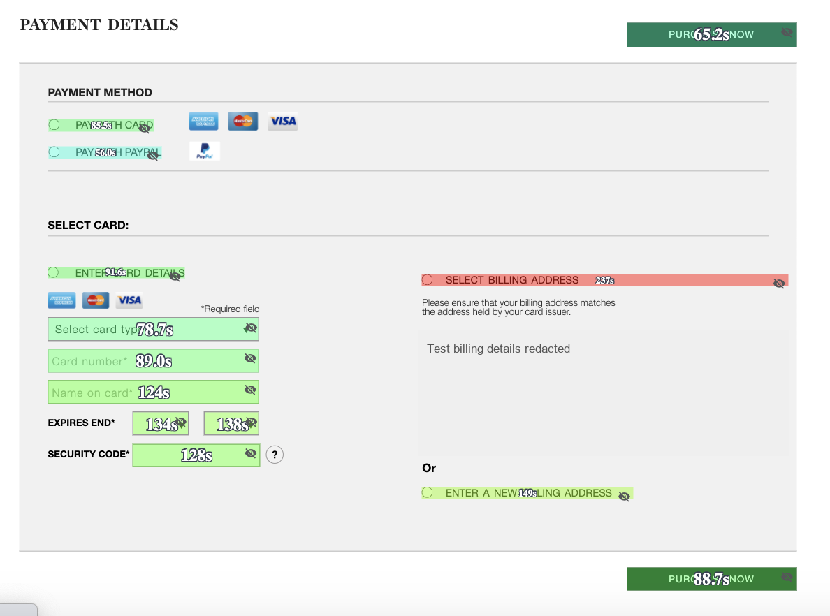 Checkout payment screen with purchase actions above and below payment details.