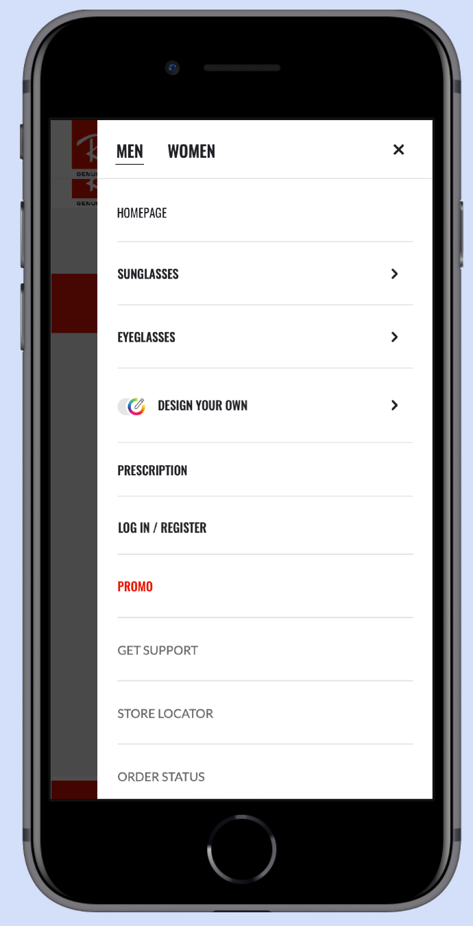 Proposed mobile menu with Men and Women tabs and a Homepage item.