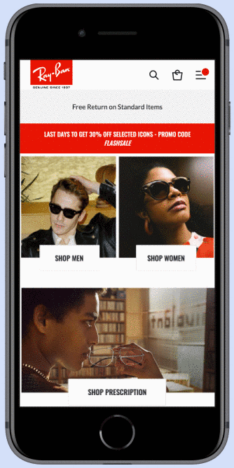 Proposed Ray-Ban mobile homepage with Men and Women routes side by side and Shop Prescription beneath.
